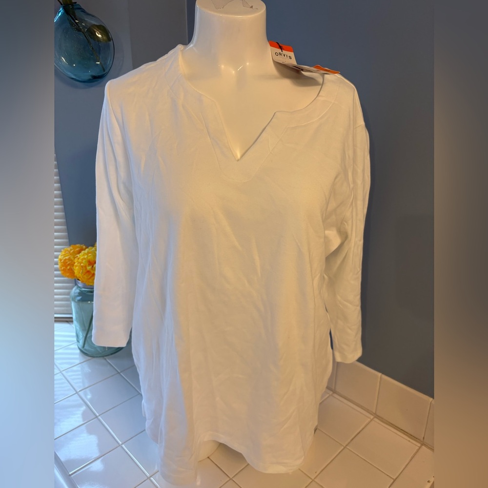 NWT Women’s Orvis 3/4 Sleeve V-Neck Shirt 100% Pima Cotton White XXL